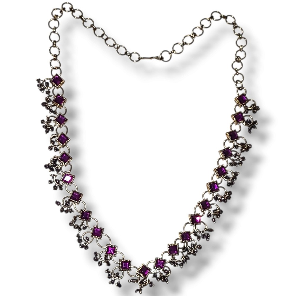 Vintage Purple Crystal Choker Necklace Gold Tone Art Deco Statement 15"